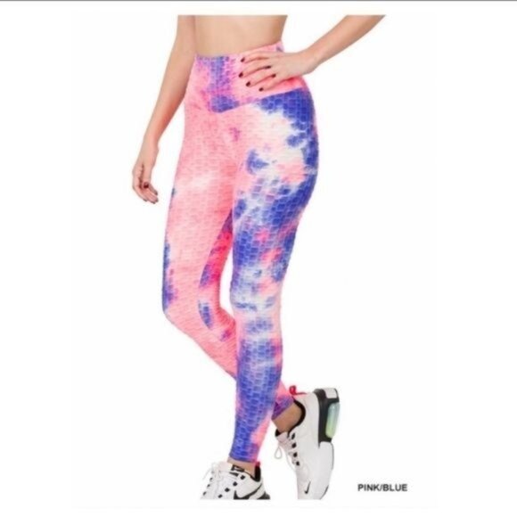 TIE-DYE HONEYCOMB LEGGINGS PINK & BLUE-NEW - Picture 2 of 4